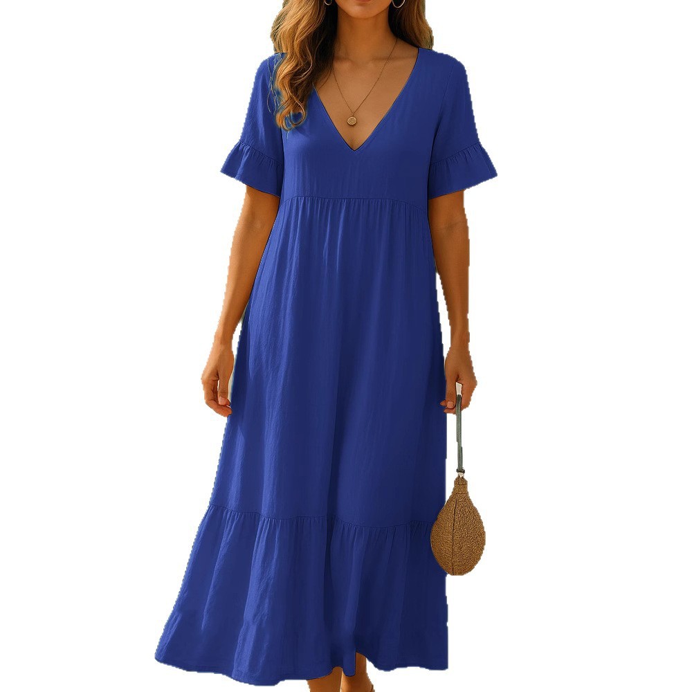 Chic V-Neck Solid-Color Dress with Multicolor Stitching Accents-Theone Apparel