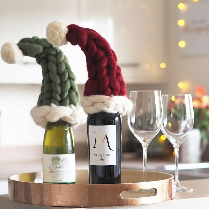 Christmas Braided Heavy Yarn Santa Hat Wine Bottle Topper in Assorted Colors-Theone Apparel