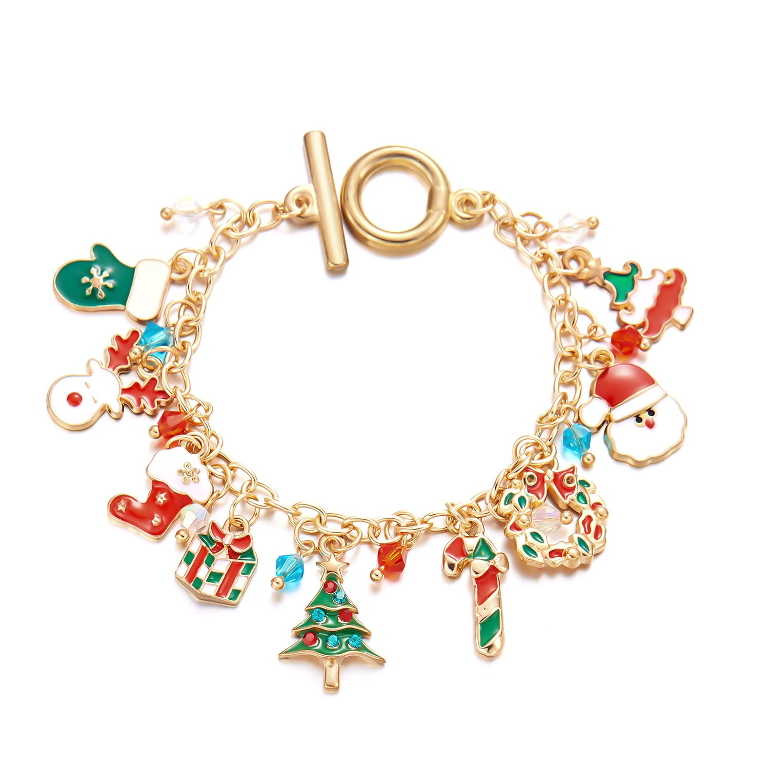 Christmas Rhinestone-Accent Enameled Toggle-Clasp Women's Charm Bracelet in Assorted Styles-Style 2-Theone Apparel