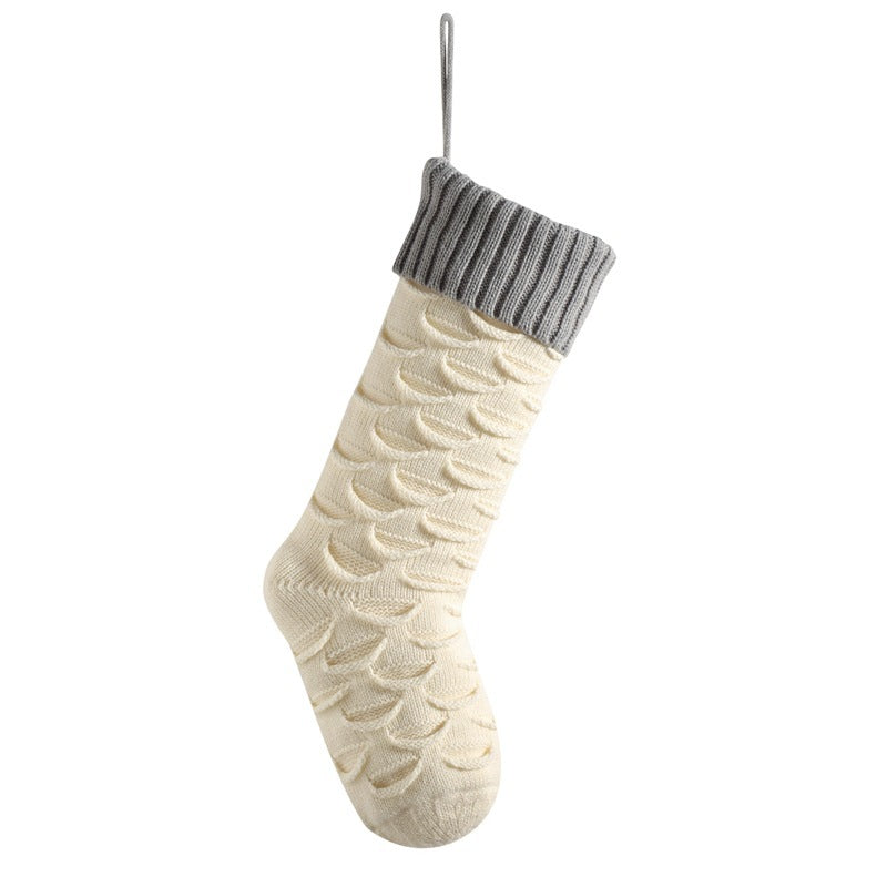 Christmas Stockings with Traditional Knit Style and Ribbed Cuff-Ivory White Body Silver Gray-Theone Apparel