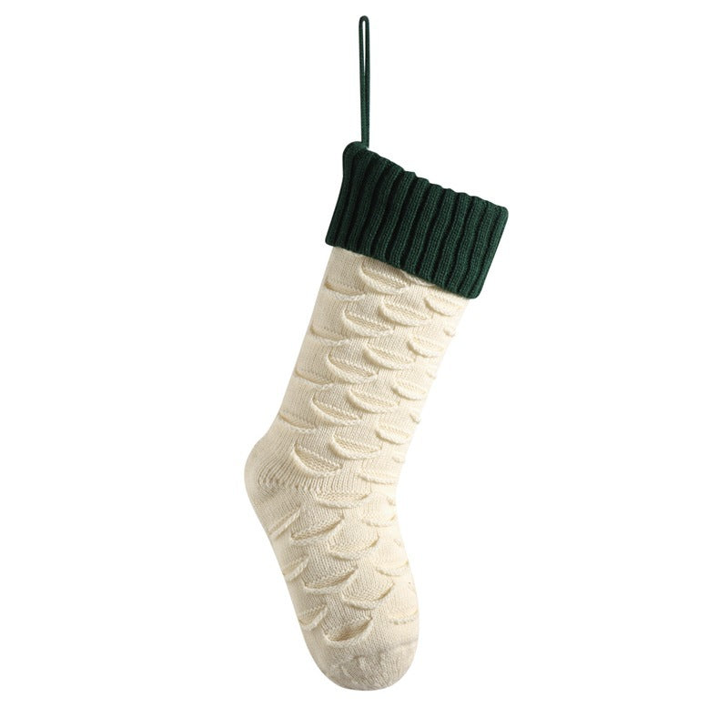Christmas Stockings with Traditional Knit Style and Ribbed Cuff-Ivory White Body Dark Green-Theone Apparel