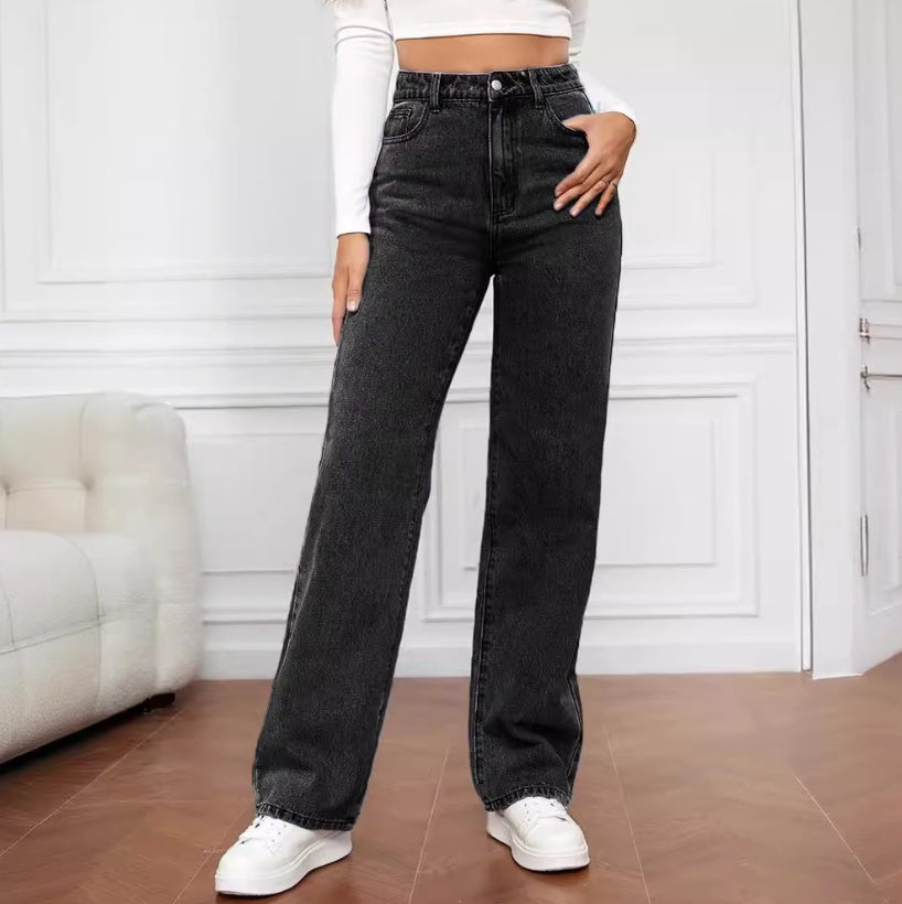 Jeans de perna reta clássicos de cintura alta para roupas cotidianas