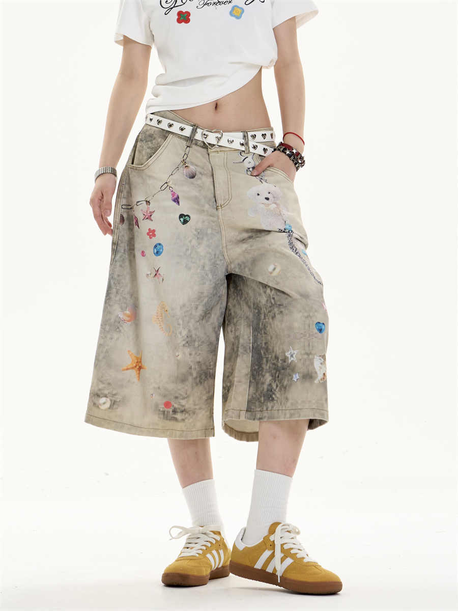 Creative Cropped Wide-Leg Jeans with Printed Art Flourish-Theone Apparel