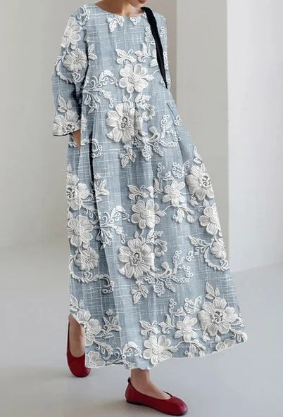 Creative Three-Quarter Sleeve Floral Dress with Relaxed Silhouette-Light Blue-Theone Apparel