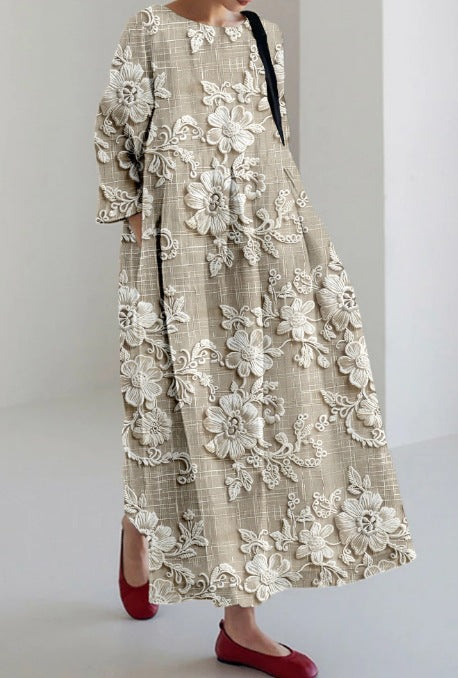 Creative Three-Quarter Sleeve Floral Dress with Relaxed Silhouette-Beige-Theone Apparel