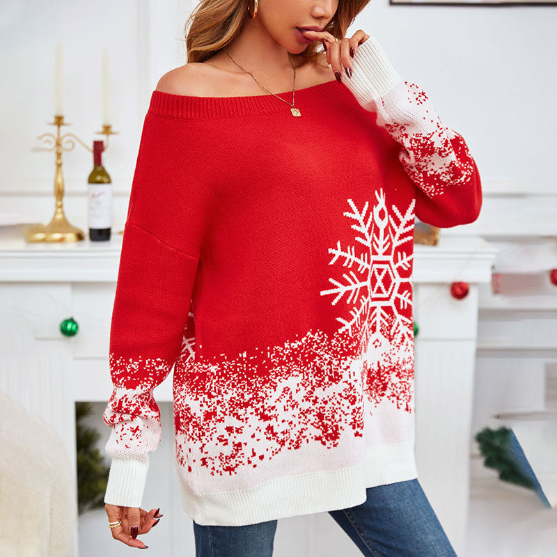 Cute Long Sleeve Slouchy Red Sweater with White Snowflake Details-Theone Apparel