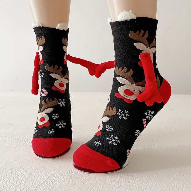 Cute Magnetic Hand Holding Christmas Themed Ankle Socks for Couples-Black Elk-Theone Apparel