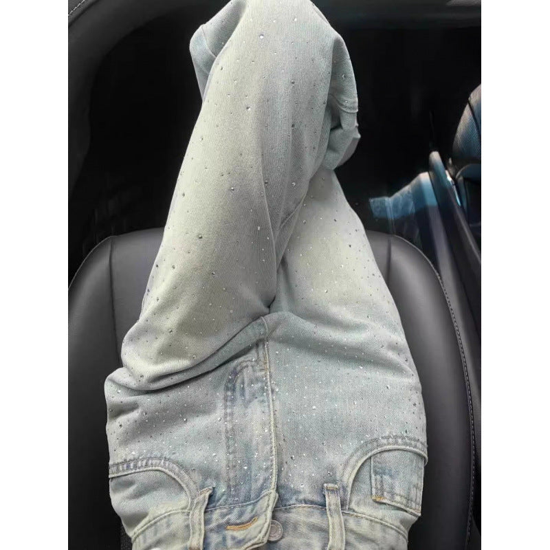Jeans de strass de designer com formato de perna larga esbelta drapeada