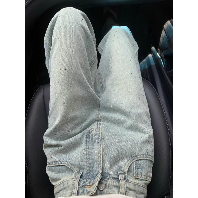 Jeans de strass de designer com formato de perna larga esbelta drapeada