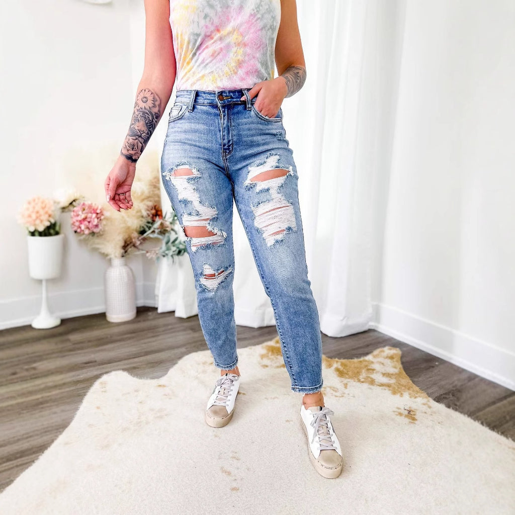 Distressed Light-Wash Skinny Jeans with Extended Knee Rips-Theone Apparel