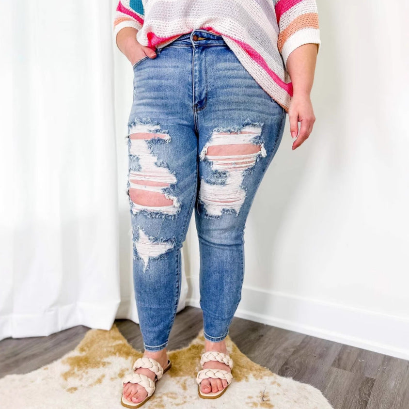 Distressed Light-Wash Skinny Jeans with Extended Knee Rips-Blue-Theone Apparel