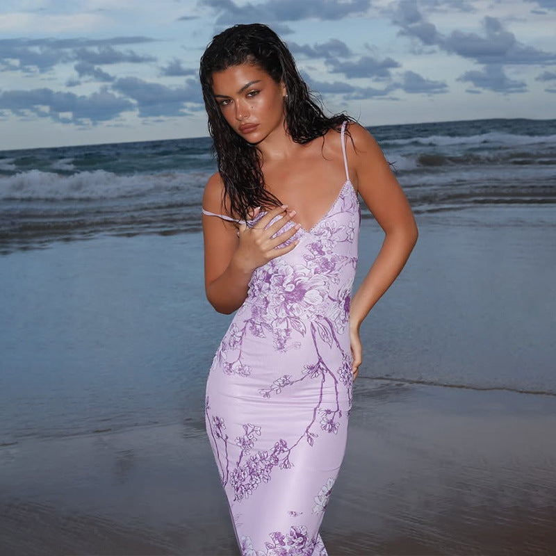 Elegant V-Neck Purple Print Bodycon Dress for Evening Parties