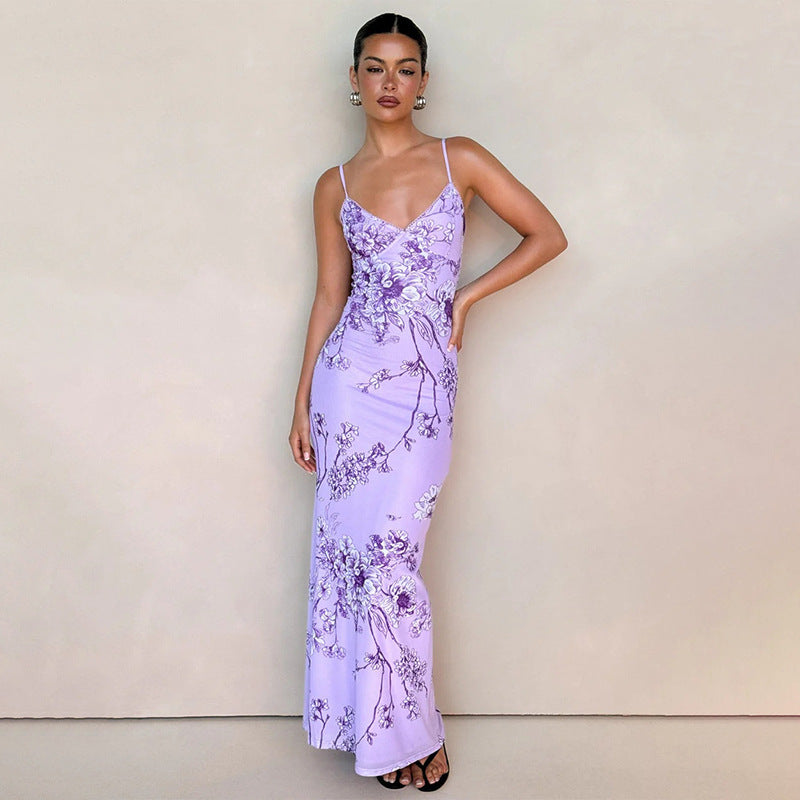 Elegant V-Neck Purple Print Bodycon Dress for Evening Parties
