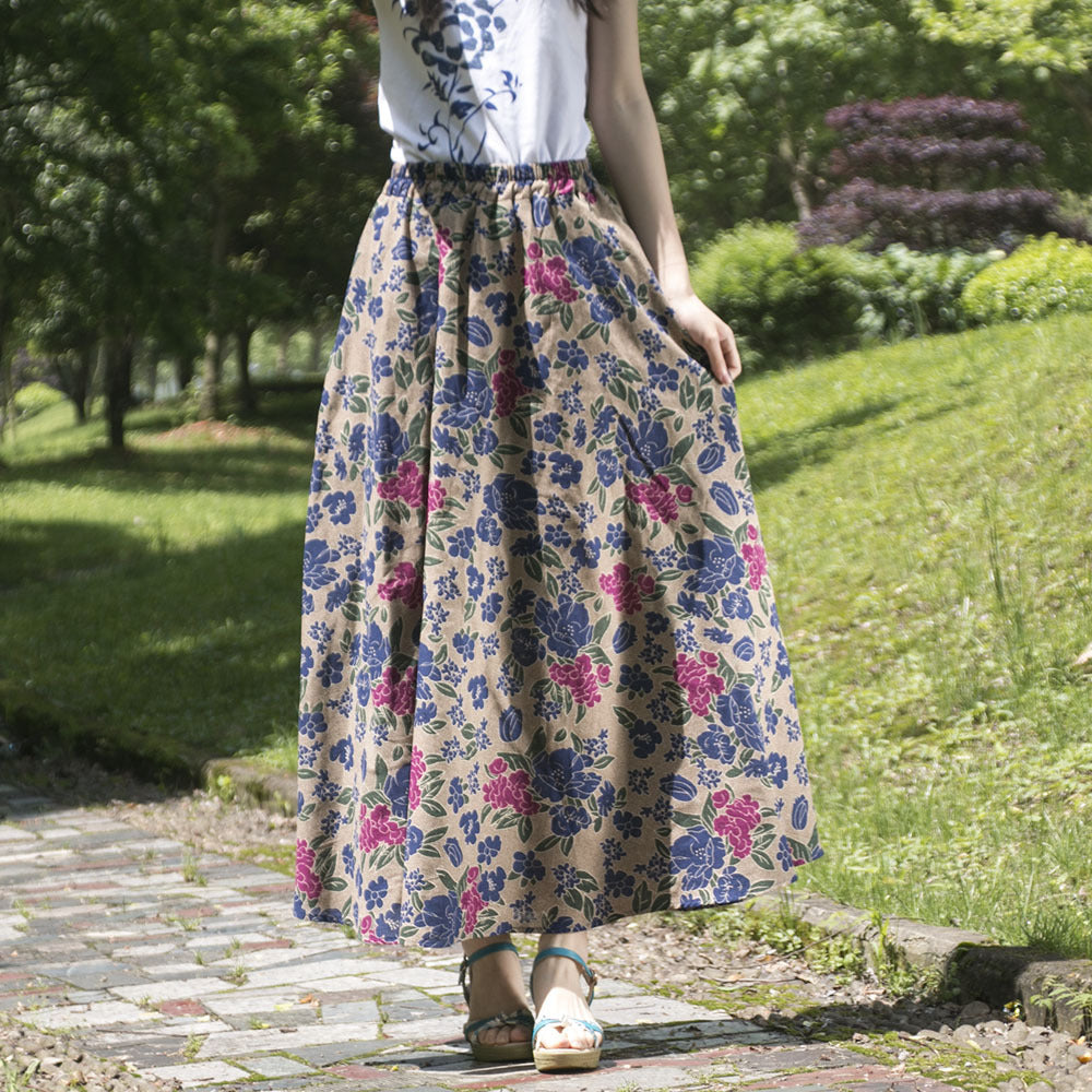 Ethnic Style Cotton Linen Swing Skirt With Elastic Waist-Light Brown-Theone Apparel