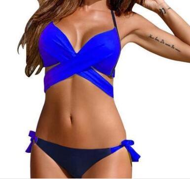 Fashionable Cross-Strap Steel Support Two-Piece Bikini Swimwear Collection-Blue/Black-Theone Apparel