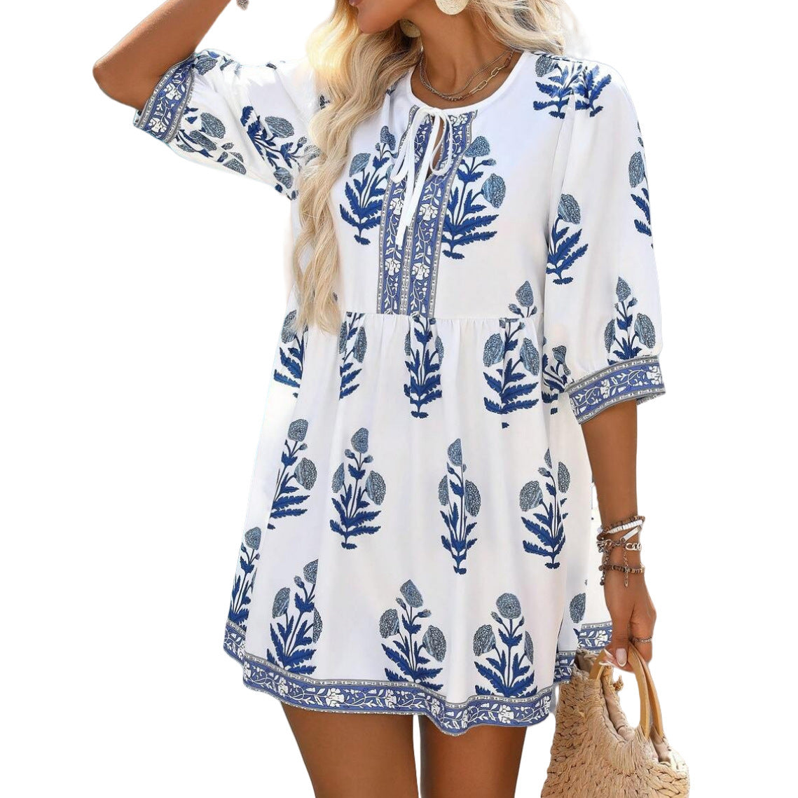 Festival-Ready Plant Print Dress with Boho Holiday Vibes-Blue-Theone Apparel