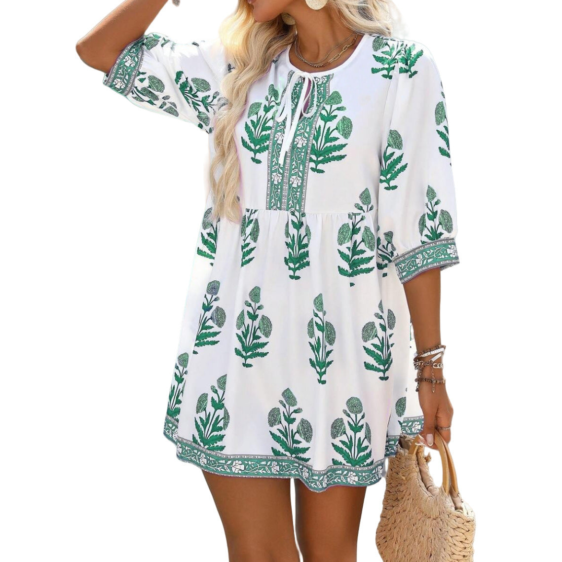 Festival-Ready Plant Print Dress with Boho Holiday Vibes-Green-Theone Apparel