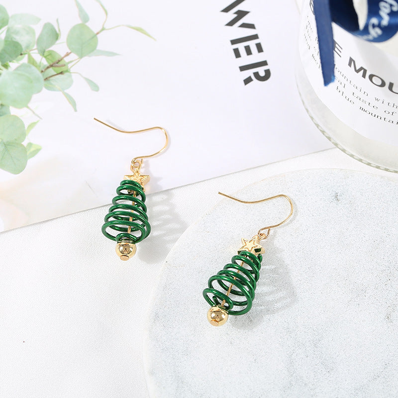 Festive Spiral Christmas Tree Drop Earrings with Golden Stud-Theone Apparel