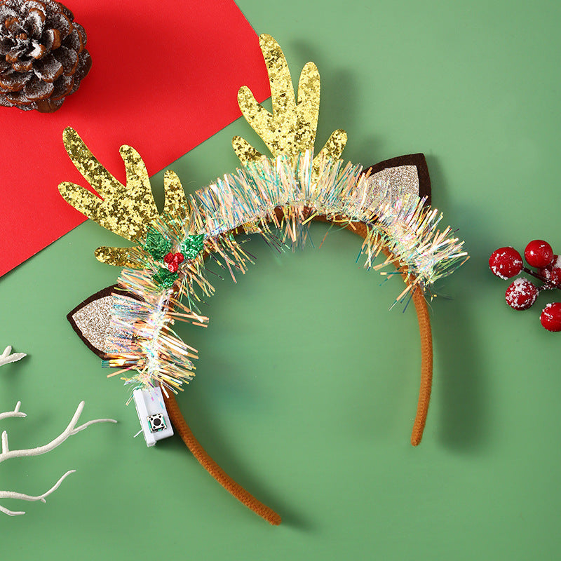 Festive Tinsel-Accent Decorated Christmas Party Satin-Covered Headband in Assorted Styles-Deer Gold-Theone Apparel