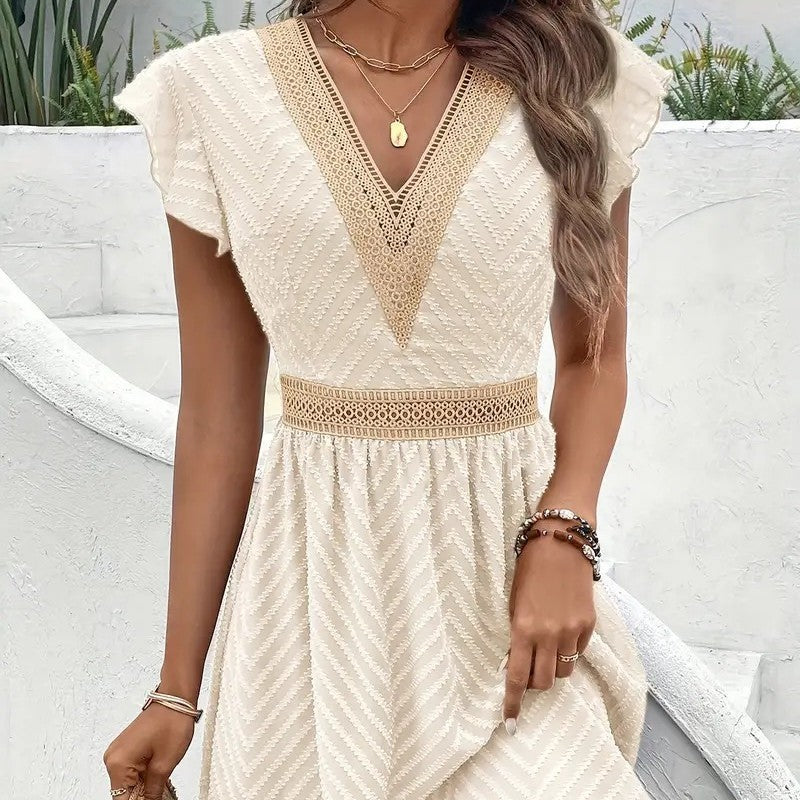 French Lace Patchwork Waistband Dress with Elegant Flair-Beige-Theone Apparel