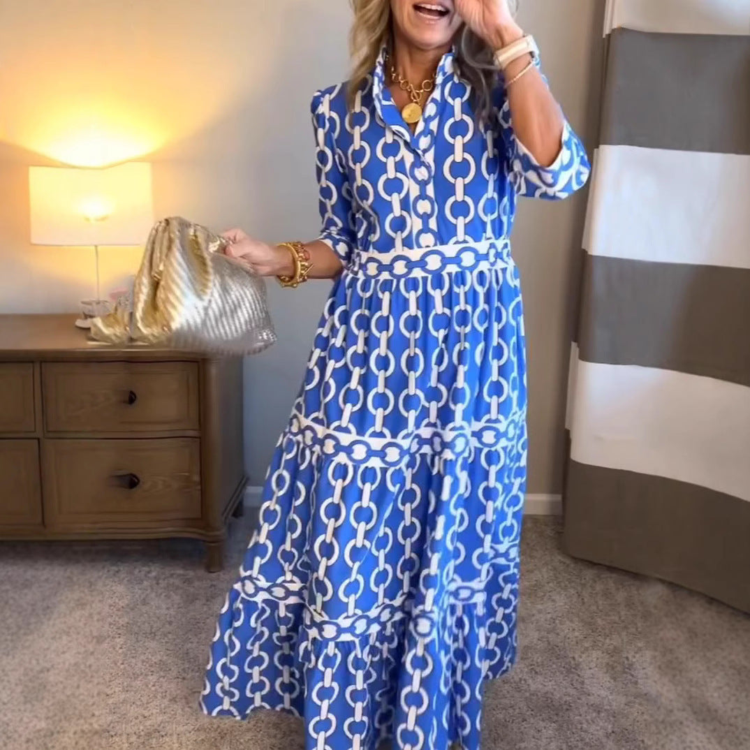 Geometric Print Maxi Dress with Round Neck for Spring & Summer-Blue-Theone Apparel