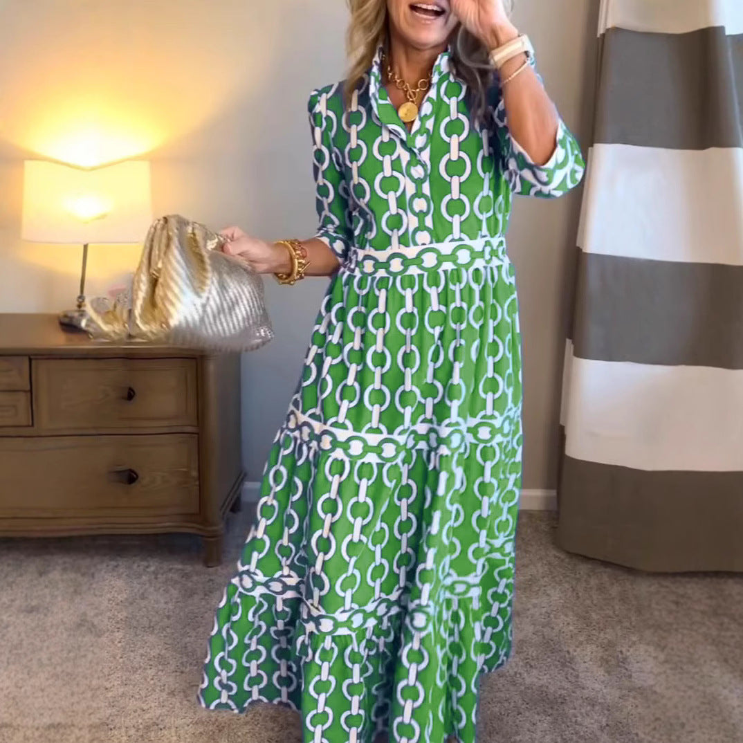 Geometric Print Maxi Dress with Round Neck for Spring & Summer-Green-Theone Apparel