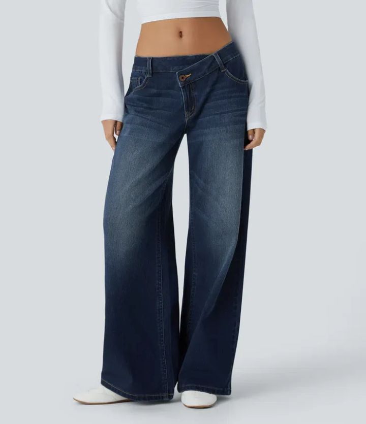 High Waist Straight Jeans with European-American Flair-Dark Blue-Theone Apparel