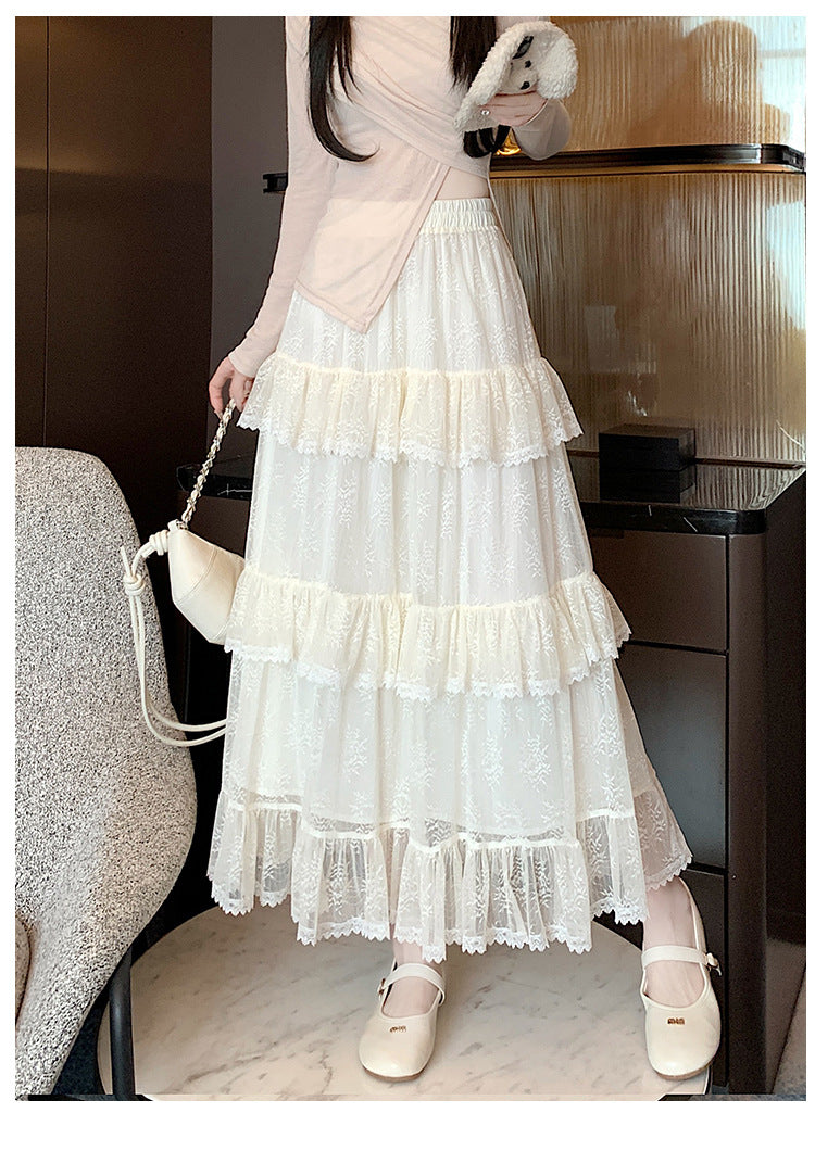 Lace Cake Dress With Net Falbala Bubble Skirt-Theone Apparel