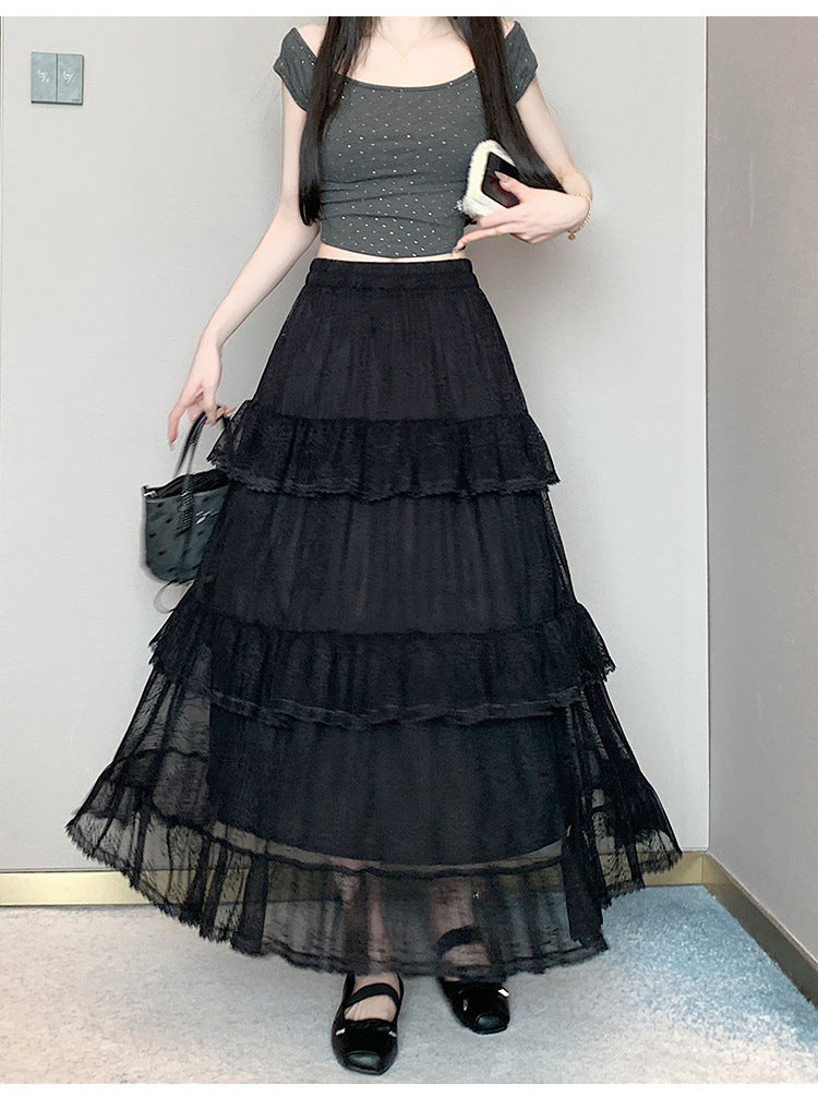 Lace Cake Dress With Net Falbala Bubble Skirt-Theone Apparel