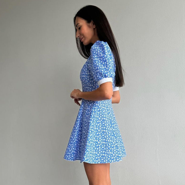 Lapel High Waist Blue Floral Midi Dress with Timeless Charm-Theone Apparel
