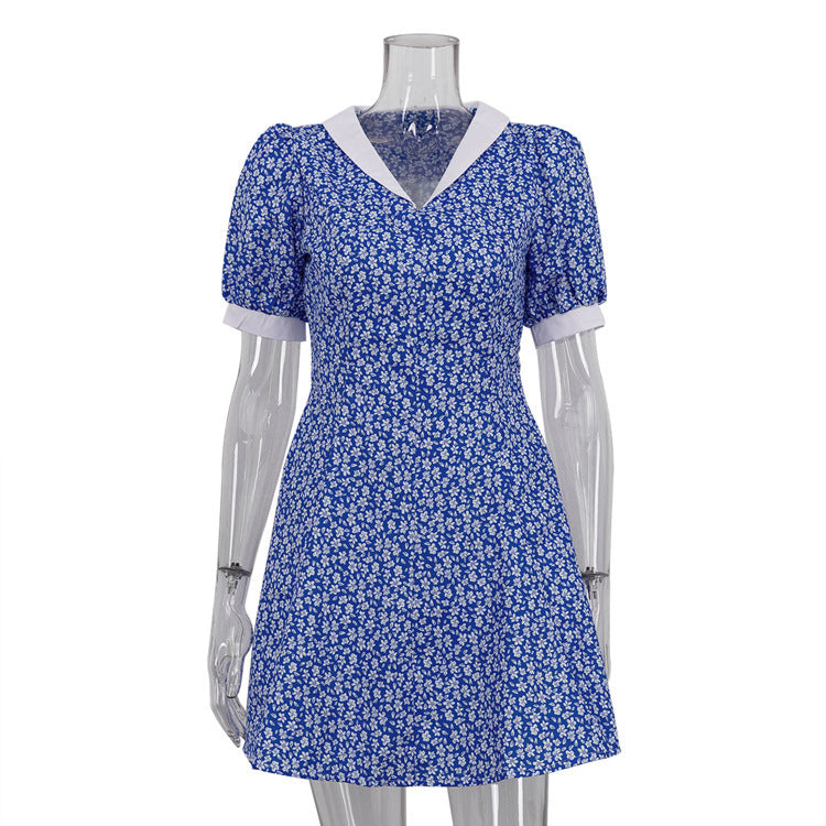 Lapel High Waist Blue Floral Midi Dress with Timeless Charm-Theone Apparel