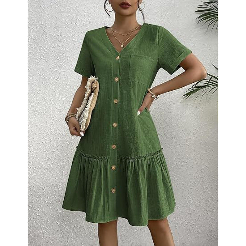 Loose Cotton-Linen Summer Dress for Breezy Casual Comfort-Army Green-Theone Apparel