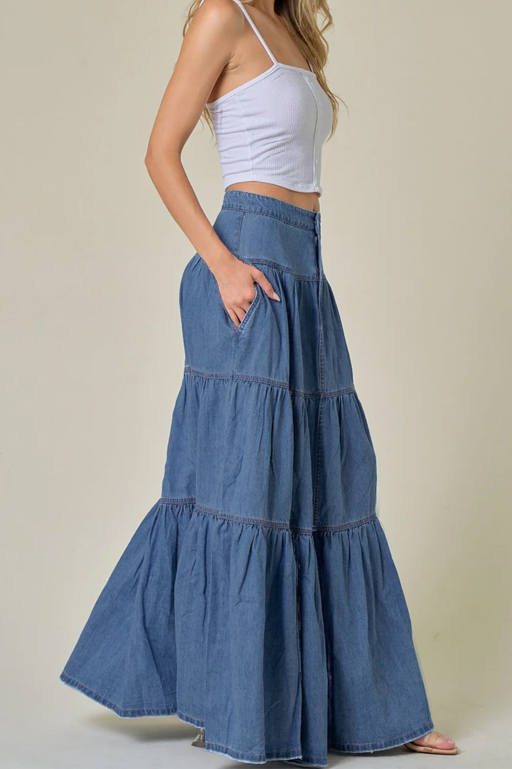 Low Waist Distressed Denim Skirt For Laid Back Vacations-Theone Apparel