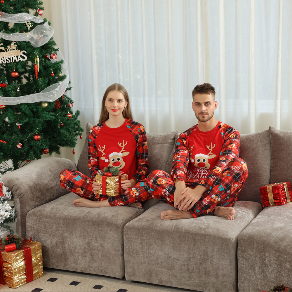 Merry Christmas Reindeer Red Plaid Matching Family Pajama Set-Theone Apparel