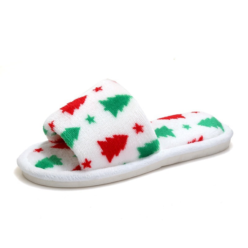 Multicolor Christmas Themed Fleece Open Toed House Shoes-Theone Apparel