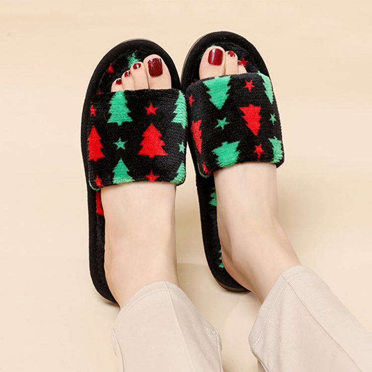Multicolor Christmas Themed Fleece Open Toed House Shoes-Theone Apparel