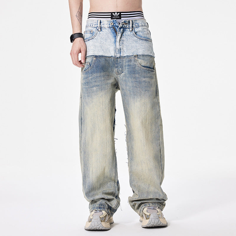 Pantaloni di jeans a gamba larga da uomo con classico bordo della strada