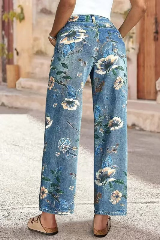 芸術的な才能のための季節の印刷されたストレートレッグデニムパンツ