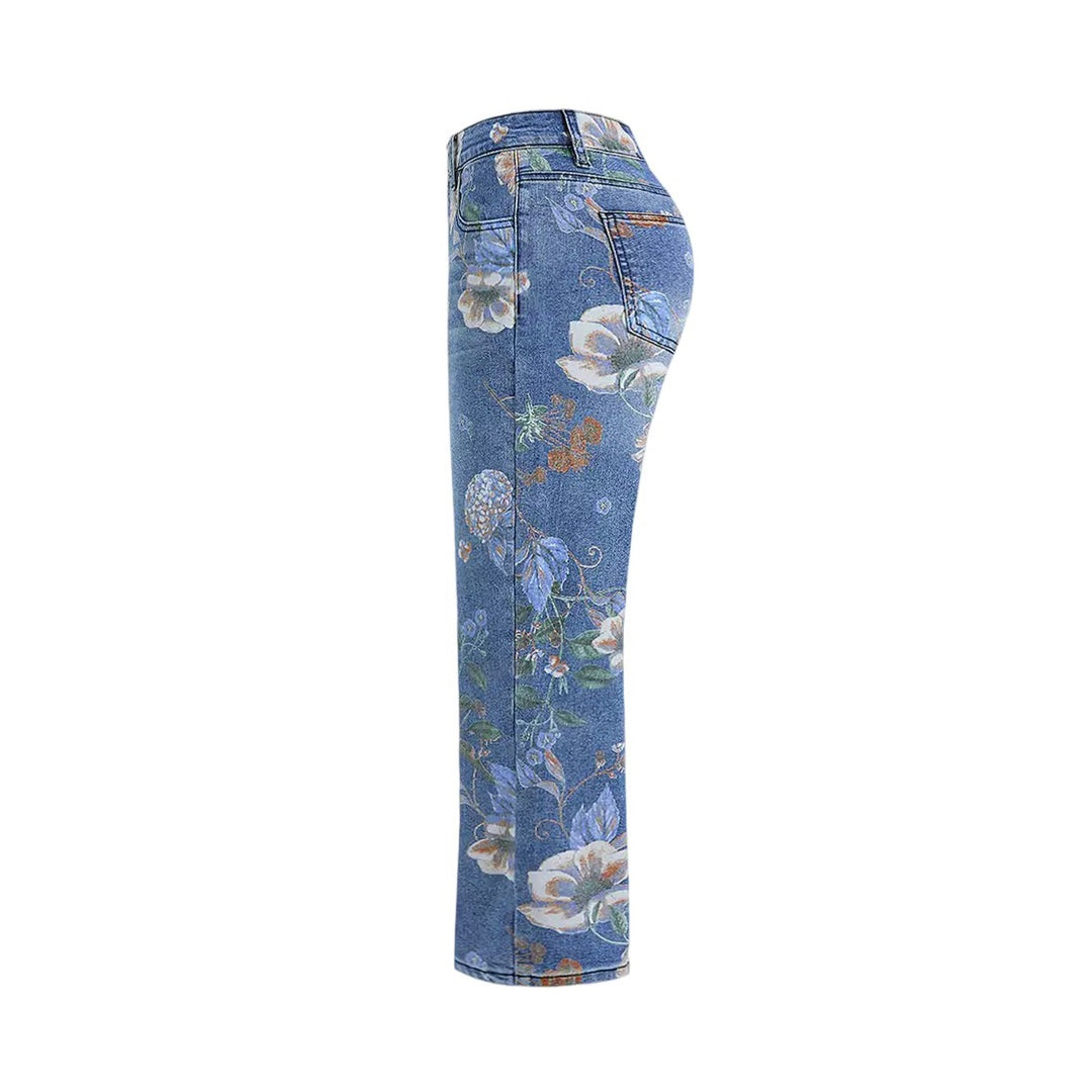 芸術的な才能のための季節の印刷されたストレートレッグデニムパンツ