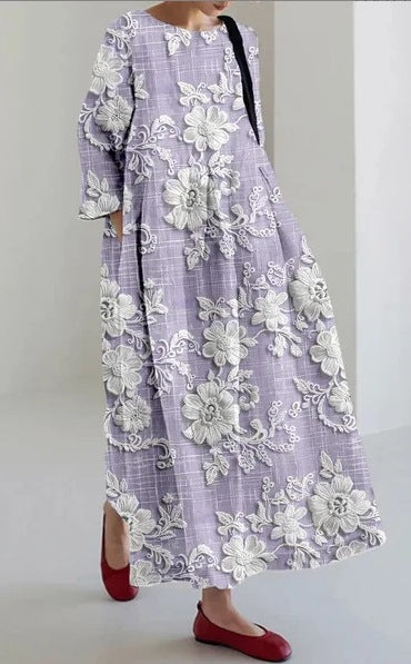 Kreatives Dreiviertelhülsenblumenkleid mit entspannter Silhouette