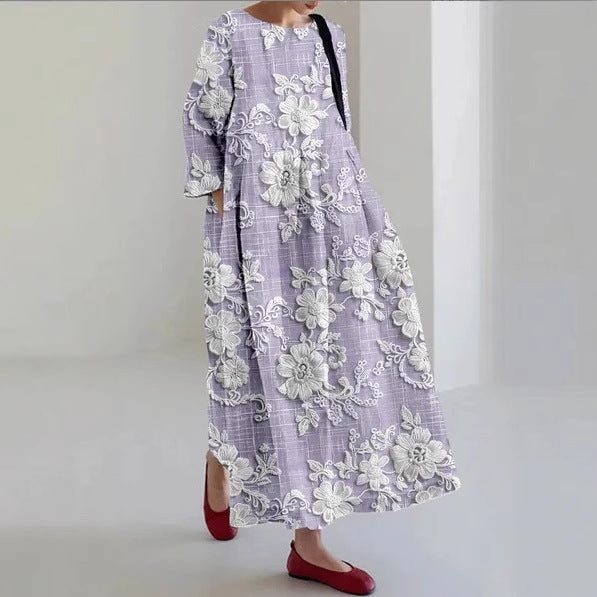Kreatives Dreiviertelhülsenblumenkleid mit entspannter Silhouette
