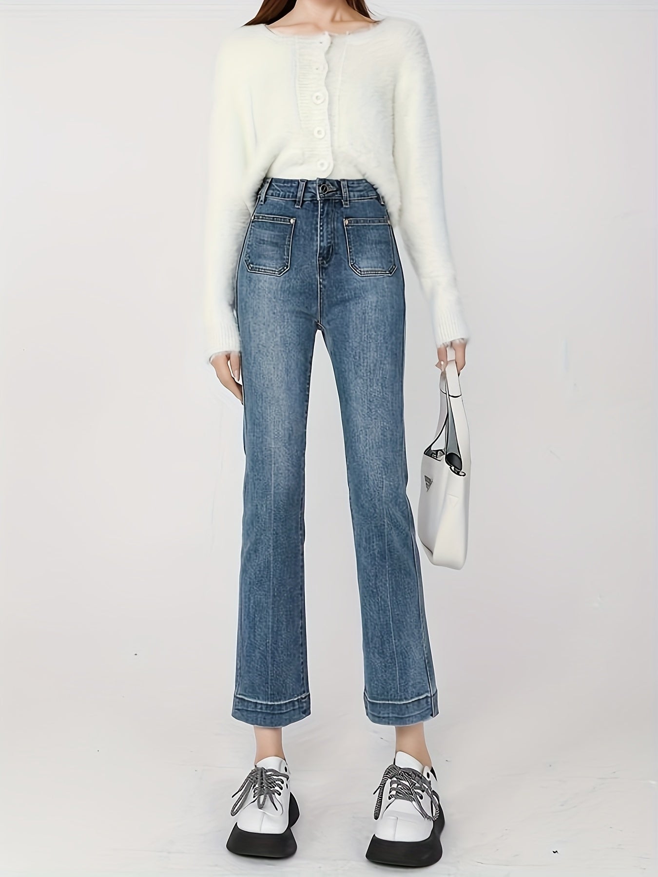 Petite Nine-Point Flared Cigarette Pants with Slim Fit-Blue-Theone Apparel