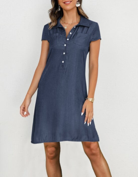 Plus-Size Swing Denim Dress with Split Pockets and Casual Vibe-Dark Blue-Theone Apparel
