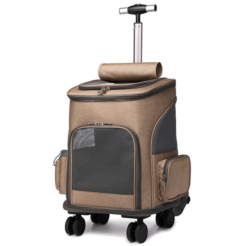 Portable Folding Trolley Pet Backpack With Smooth Rolling Wheels-Khaki-Theone Apparel