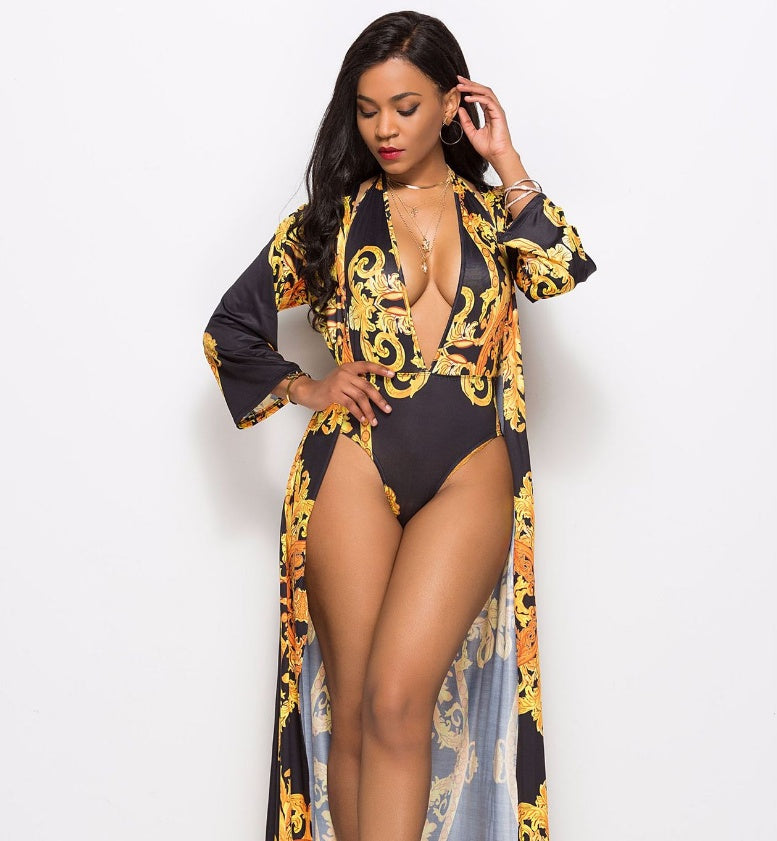 Printed Cloak Bikini with Breezy Cover for Stylish Transitions-Black-Theone Apparel