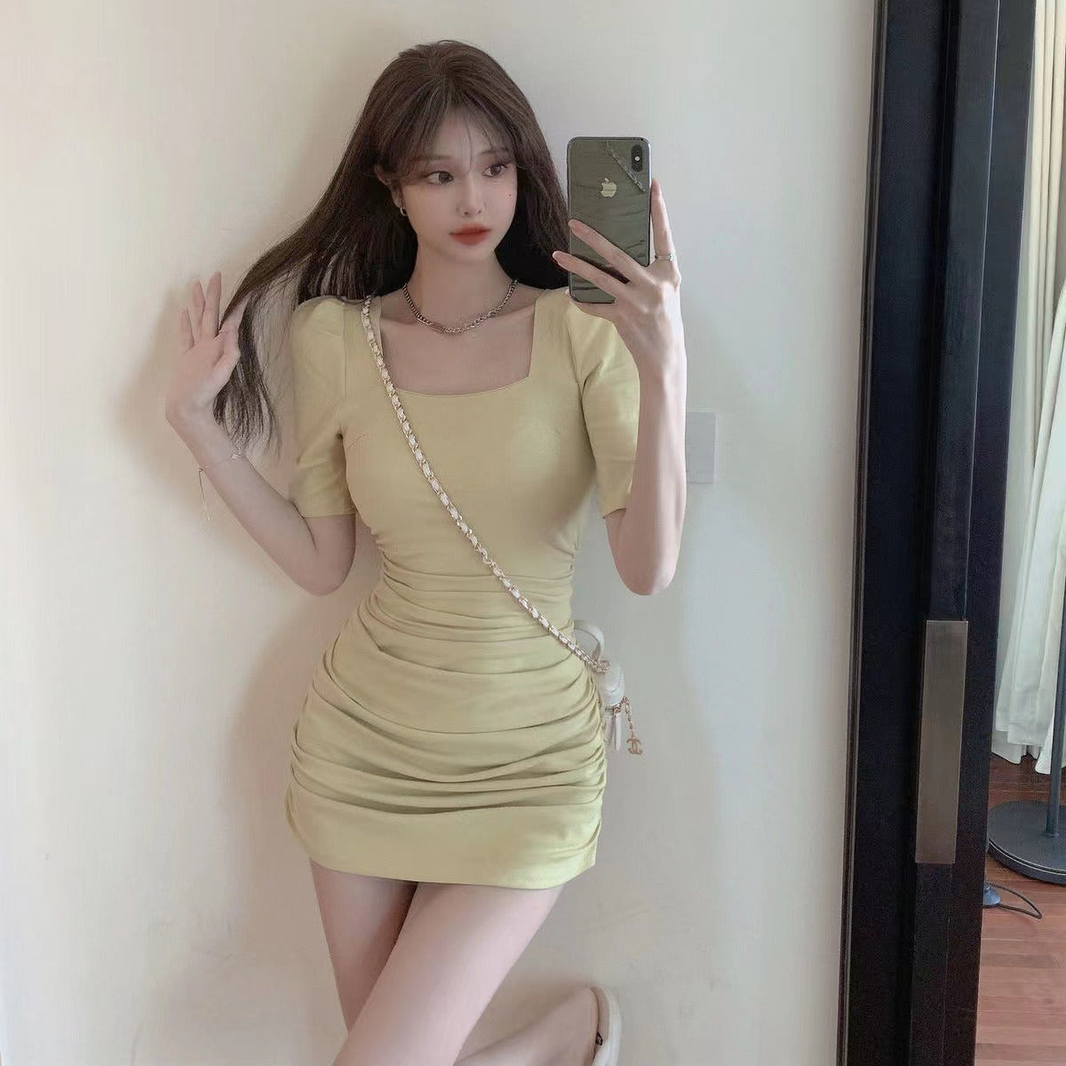 Puff-Sleeve Corset Dress with Square Collar and Pleated Waist