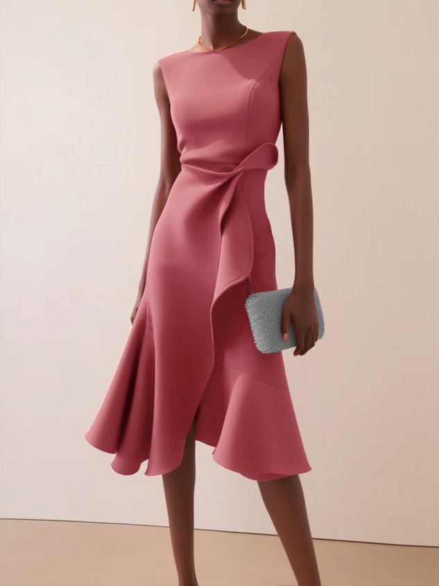 Red Sleeveless Round-Neck Dress with Elegant Temperament-Pink-Theone Apparel