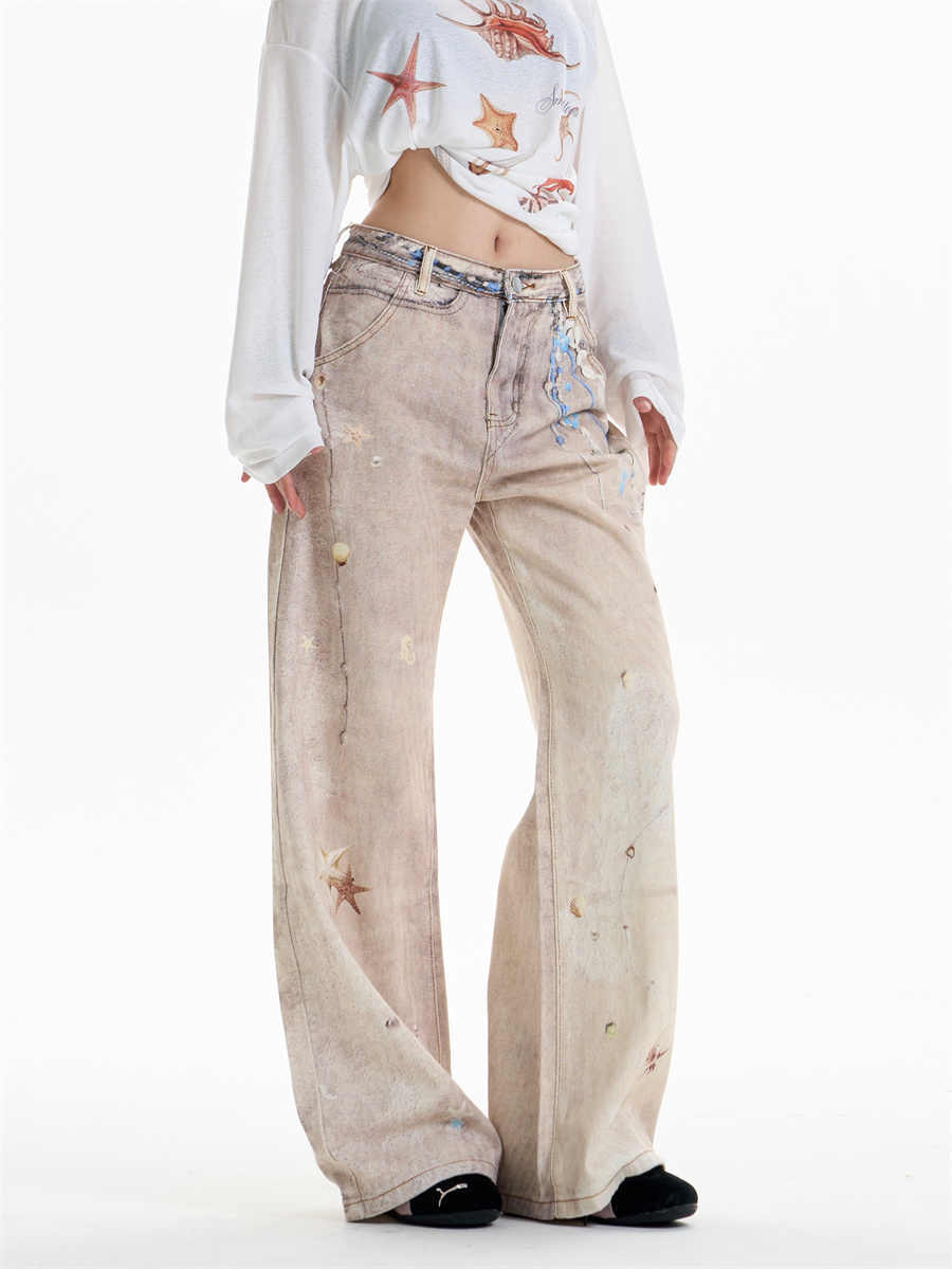 Retro Chain Print Straight-Leg Jeans with Vintage Finish-Theone Apparel