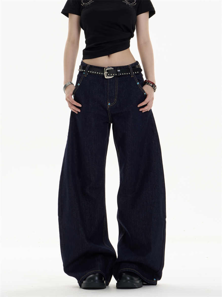 Retro Dark Blue Straight Jeans with Loose Wide-Leg Fit-Theone Apparel