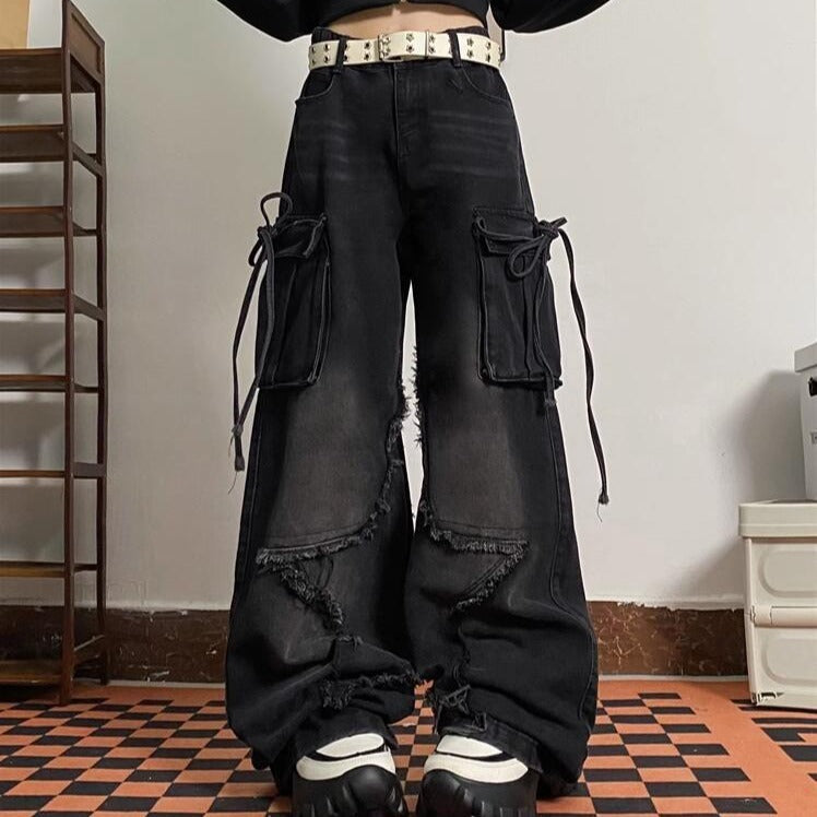 Retro Multi-Pocket American Jeans for Spring and Autumn-Black-Theone Apparel